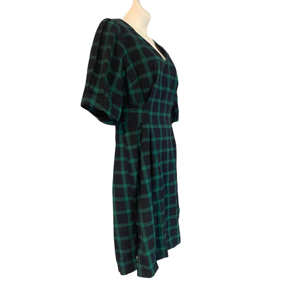 Eloquii Cotton Flannel Green Navy Plaid Tie Back Office Casual Fall Winter Dress - Picture 6 of 16